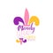 Creative colorful flat Mardi Gras holiday logo template. Original label design for masquerade party. Shrove or Fat