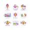 Creative colorful kids logo set in line style. Ice cream, alien, gifts, air balloon, castle, rocket, cubes, bunny, paint