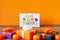 Creative colorful present box. Thanksgiving autumn composition. Lightbox with the phrase Give thanks