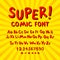 Creative comic font. Alphabet in style of comics, pop art. Multilayer funny red & chocolate 3d letters and figures on a yellow ci