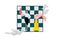 Creative composite 3d photo collage of smart intelligent woman play chess making move with queen in hand isolated