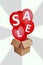 Creative composite collage of carton package cube carton sale announcement flying red air balloons isolated on gray