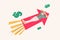 Creative composite collage illustration of funny pensioner businessman flying on rocket arrow up dollars sign startup