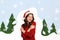 Creative composite collage photo of adorable gorgeous woman wear santa hat hug herself in cold winter isolated on