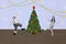 Creative composite collage photo of girl dancing with santa claus on new year party near christmas tree isolated on