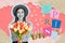 Creative composite photo collage of adorable girl give you bouquet of tulips on international women day isolated on