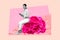 Creative composite photo collage of smart woman sit on peony bouquet read congratulations on smartphone isolated on