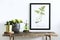 Creative composition of home interior design with mock up poster frame, wooden consola, plants in hipster designed pots.