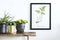 Creative composition of home interior design with mock up poster frame, wooden consola, plants in hipster designed pots.