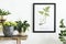 Creative composition of home interior design with mock up poster frame, wooden consola, plants in hipster designed pots.