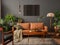Creative composition of living room interior with mock up poster frame, brown sofa, plants, wooden coffee table, lamp, ball,