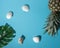 Creative composition with seashells, tropical palm leaf and pineapple on pastel blue background. Summer minimal concept