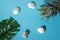 Creative composition with seashells, tropical palm leaf and pineapple on pastel blue background. Summer minimal concept