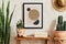 Creative composition of stylish living room interior with mock up poster frame, cacti and personal accessories. Plant love and