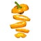 Creative concept with flying yellow paprika. Sliced floating pepper isolated