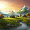 Creative concept illustration cabin house in european mountain background canvas. vector