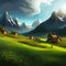 Creative concept illustration cabin house in european mountain background canvas. vector