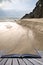 Creative concept pages of book Porthcurno yellow sand beach before sunset Cornwall England