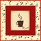 Creative concept photo of a cup of coffee and hearts  made of coffee beans on a background of musical symbols. Inscription
