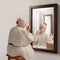 Creative conceptual collage. Back to the past. Senior woman looking in mirror with her little self. Through ages.