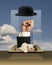 Creative contemporary art collage. Young woman lying over sky textured background with male fist with hat. Gentleman