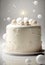 Creative creamy bithday cake with one candle and chocolate balls on white background