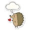 A creative cute cartoon hedgehog and thought bubble as a printed sticker