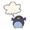 A creative cute cartoon penguin flapping wings and speech bubble in comic book style