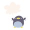 A creative cute cartoon penguin flapping wings and speech bubble in retro style