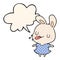 A creative cute cartoon rabbit blowing raspberry and speech bubble in comic book style