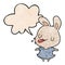 A creative cute cartoon rabbit blowing raspberry and speech bubble in retro texture style