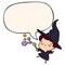 A creative cute cartoon witch casting spell and speech bubble in comic book style