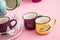 Creative, Cute Coffee Mugs on Blue, Pink Background