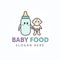 Creative cute logotype baby food. Baby with a bottle of milk best friends. Cartoon style with outline. Element of Shop, market,