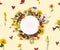 Creative decoration summer flowers sunflowers, calendula, linaria, chamomiles, blue cornflowers with white circle paper card note