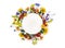 Creative decoration summer flowers sunflowers, calendula, linaria, chamomiles, blue cornflowers with white circle paper card note