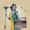 Creative design. Contemporary art collage with beautiful woman in hair curlers, holding modern floor mop and retro radio