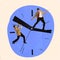 Creative design. Contemporary art collage of businessmen pushing clock hand to stop time