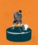 Creative design. Contemporary art collage. Man, professional hockey player standing on big puck with stick isolated over