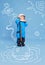 Creative design with drawn elements. Portrait of little boy, child in costume of astronaut over blue background. Future