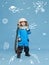 Creative design with drawn elements. Portrait of little boy, child in costume of astronaut over blue background. Little