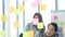 Creative design woman present talking use sticky notes post, present ideas. Diversity multi ethnic group brainstorming teams with