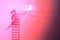 Creative digital image of female on staircase touching moon and stars on pink background. Dream big and daydreaming concept. 3D