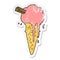 A creative distressed sticker of a cartoon ice cream melting