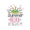 Creative doodle logo with sun in sunglasses. Summer label in outline style. Colorful hand drawn design for sticker
