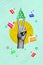 Creative drawing collage picture of hand showing v-sign wear cone hat birthday cake party weird freak bizarre unusual