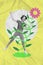 Creative drawing image collage of funky young lady tangled green liana plant with bloom flower on spring day