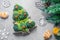 Creative edible Christmas tree made of fresh broccoli.Holiday ideas. New year food background top view . holiday, celebration,