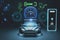 Creative electronic car dashboard interface hologram on blurry blue wallpaper. Automobile, charging and futuristic technology