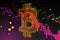 Creative falling purple candlestick forex chart and bitcoin on blurry backdrop. Crisis and finance concept.